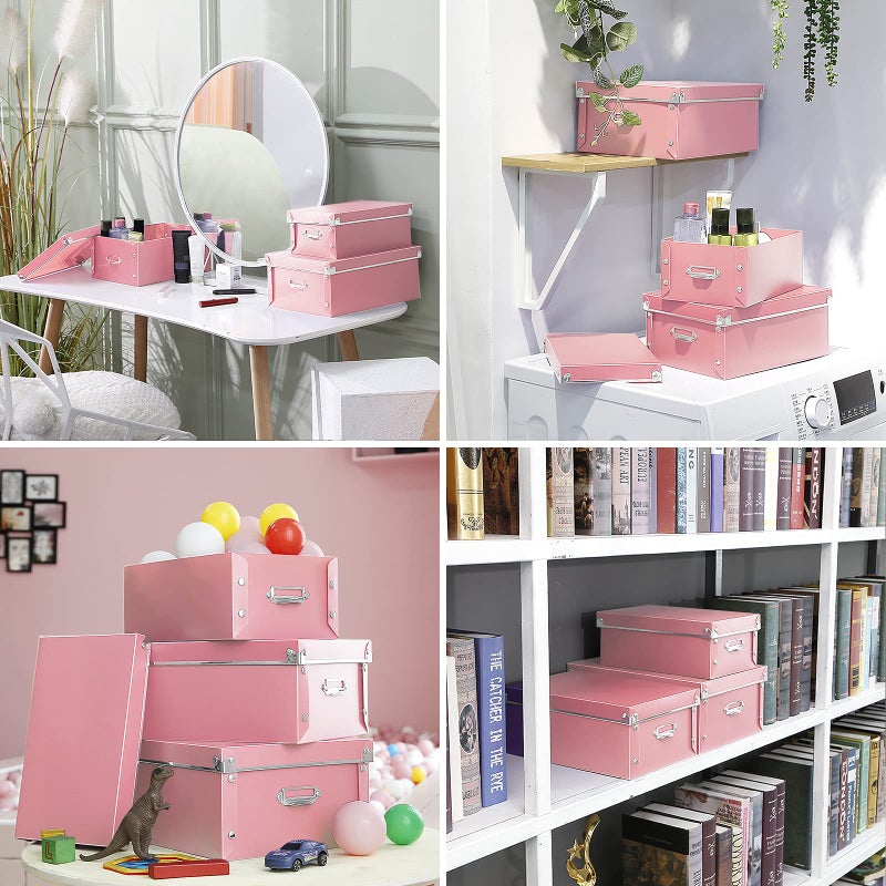 SEEKIND Storage Box, Decorative Storage Bins with Lid,3 in 1 Set,Plastic,with Handles,Press-Stud Fastening,Moisture-proof,Foldable for Space Saving Storage,for Clothes,Cosmetic,Blankets (Pink) â€¦ â€¦ - Image 3